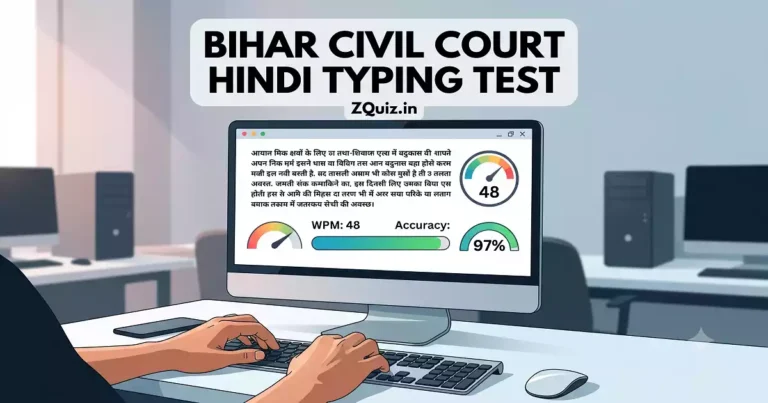 A student practicing the Bihar Civil Court Hindi Typing Test online in Mangal Font on a computer monitor, featuring a realistic exam interface with WPM speed and accuracy tracking by ZQuiz.in.